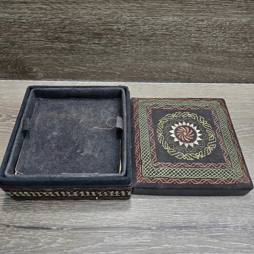 Vintage Embroidered Black Suede Cow Leather Jewelry Box 2 Tier Tray 6x5In